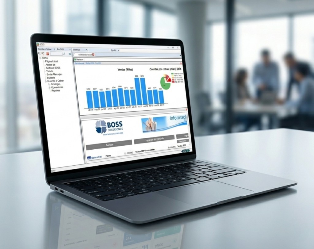 Plataforma BOSS Soluciones en una laptop con dashboards de ventas y finanzas
